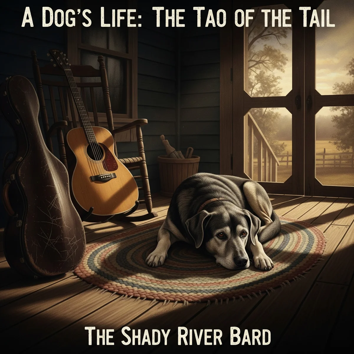 Cover artwork for A Dog's Life: The Tao of the Tail featuring a weathered Australian Shepherd in a sunlit Pacific Northwest homestead