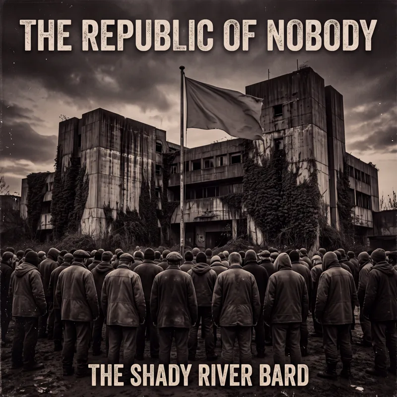 The Republic of Nobody - Official Album Cover featuring a weathered citizen standing before an imposing brutalist government hall