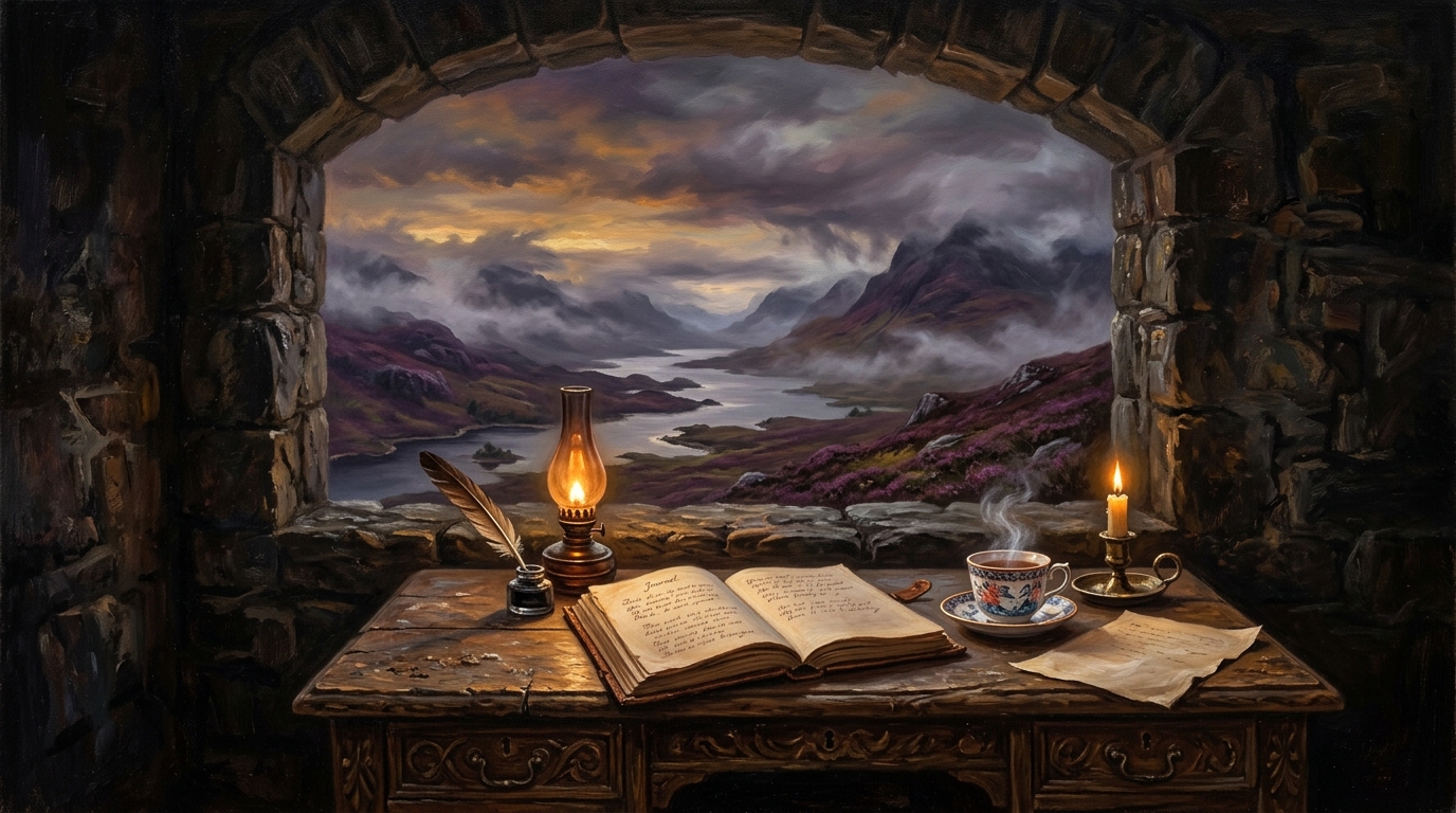 Ancient writing desk by a stone arched window looking out over Scottish Highland lochs and purple heather-clad mountains