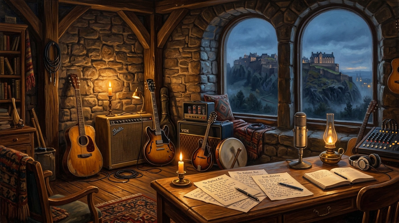 The Musical Chamber — Fine Art Oil Painting of a Stone Scottish Music Studio overlooking Edinburgh Castle